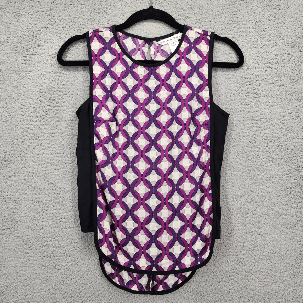 Trina Turk Womens Purple Geometric Silk Blend Sleeveless Blouse Top Size P‎ XS